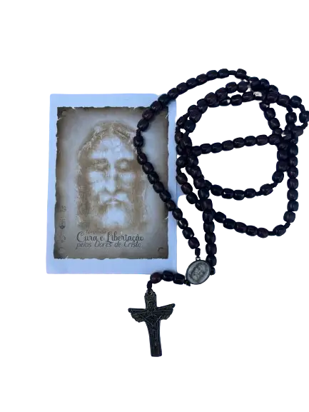 Terço de Cura e Libertação pelas Dores de Cristo - Contas Madeira com Encarte