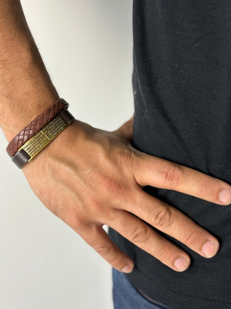 Pulseira de Couro Pai Nosso Ouro Velho