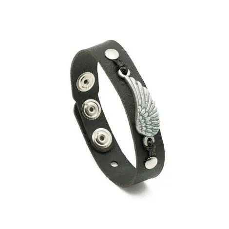 Pulseira de Couro Preta Asa de Anjo - Prata Velha