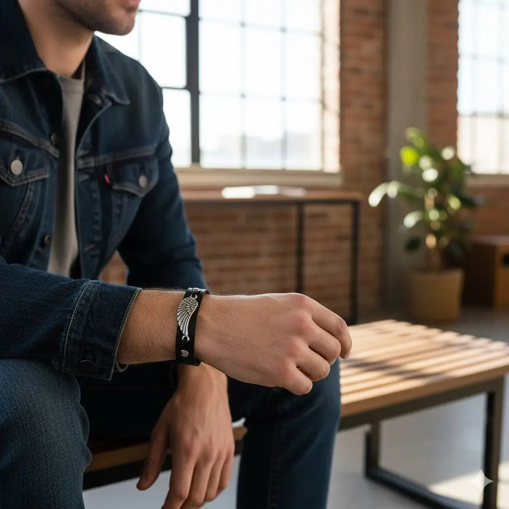 Pulseira de Couro Preta Asa de Anjo - Prata Velha