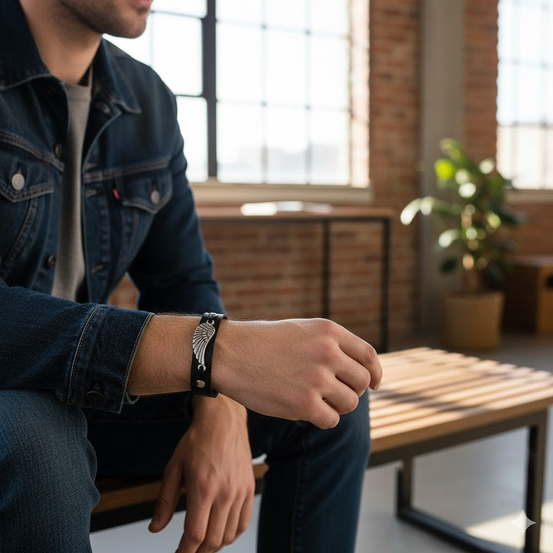 Pulseira de Couro Preta Asa de Anjo - Prata Velha